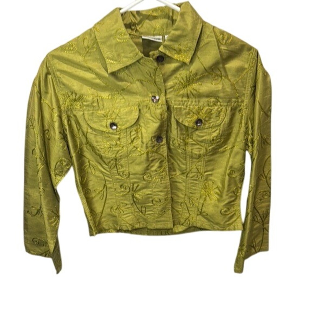 Chico's Embroidered Silk Rayon Jacket Button Up Chartreuse Green Size 0